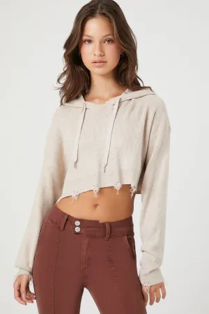 Forever 21 Women's Distressed Hooded Crop Top Oatmeal Forever 21