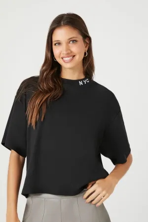 Forever 21 Women's Embroidered NYC Cropped T-Shirt Black/White Forever 21