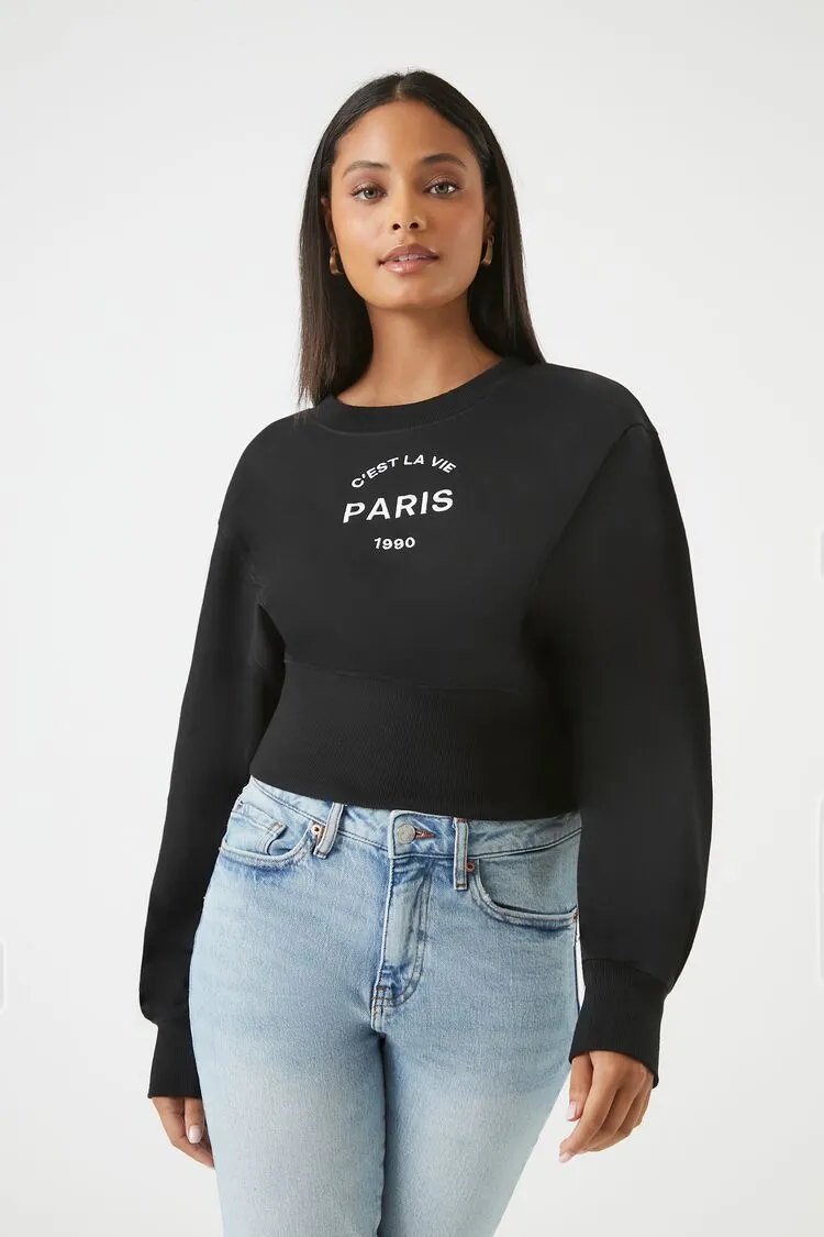 Forever 21 Women's Embroidered Paris Pullover Black/White Forever 21