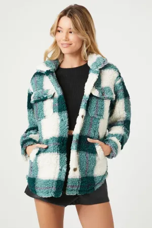 Forever 21 Women's Faux Shearling/Sherpa Plaid Shacket Olive/Multi Forever 21