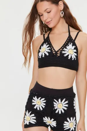 Forever 21 Women's Floral Crochet Halter Cami & Shorts Set Black/White Forever 21