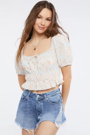 Forever 21 Women's Floral Print Puff-Sleeve Crop Top Mint/Multi Forever 21