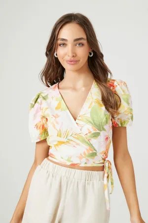Forever 21 Women's Floral Short-Sleeve Wrap Crop Top White/Multi Forever 21