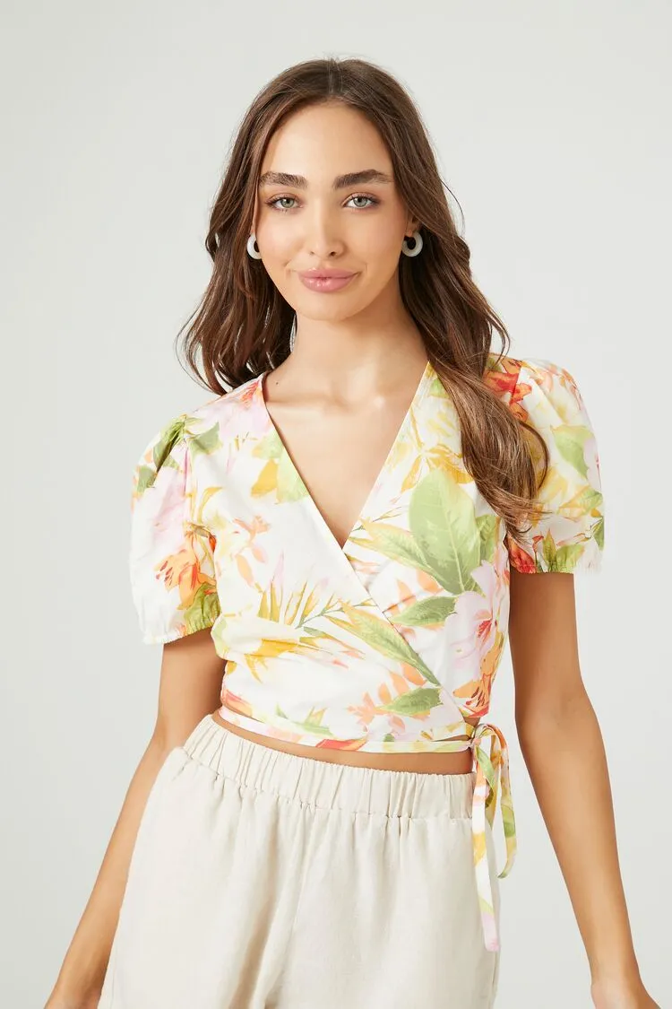 Forever 21 Women's Floral Short-Sleeve Wrap Crop Top White/Multi Forever 21