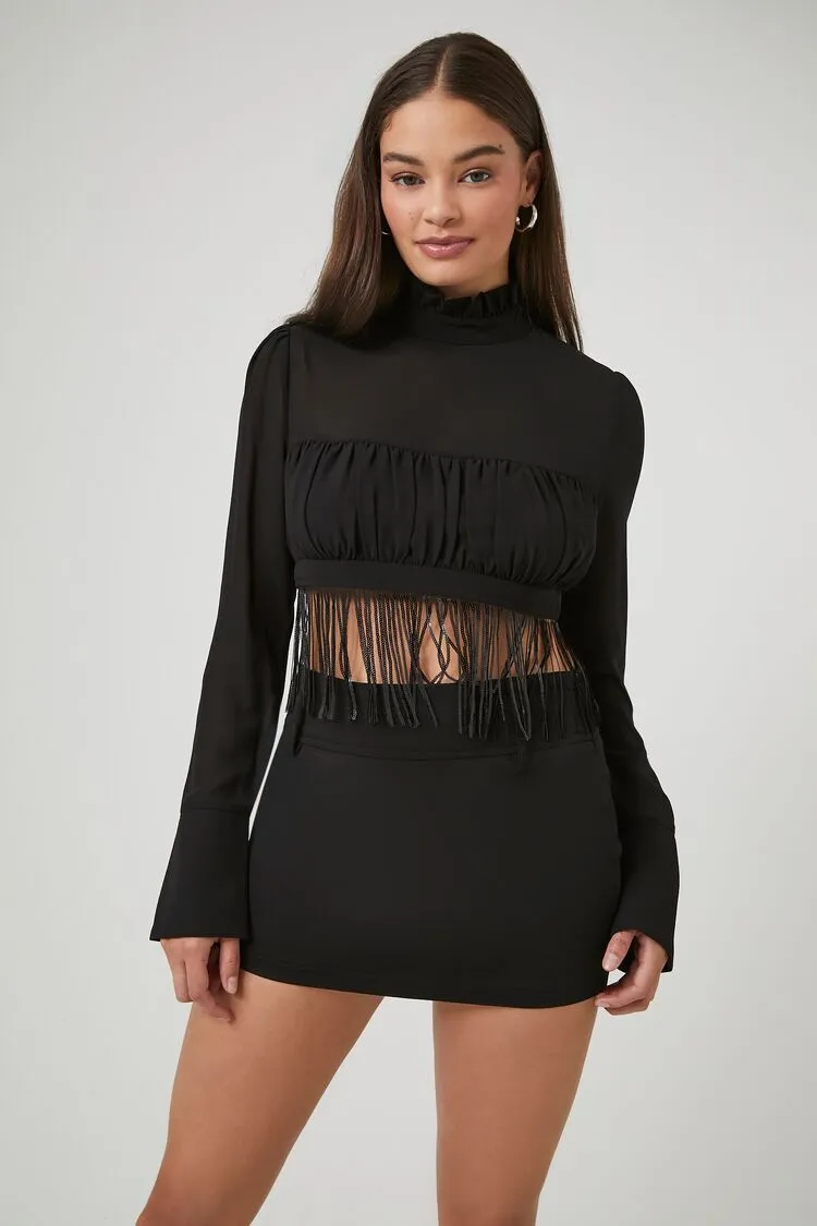 Forever 21 Women's Fringe Mock Neck Crop Top Black Forever 21