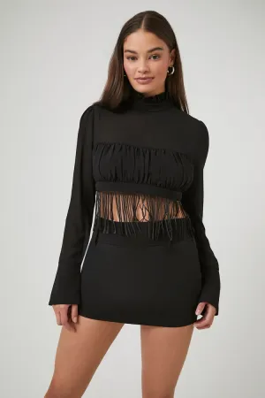 Forever 21 Women's Fringe Mock Neck Crop Top Black Forever 21