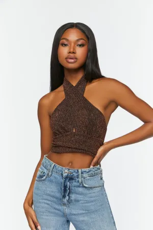 Forever 21 Women's Glitter Knit Halter Crop Top Bronze/Black Forever 21