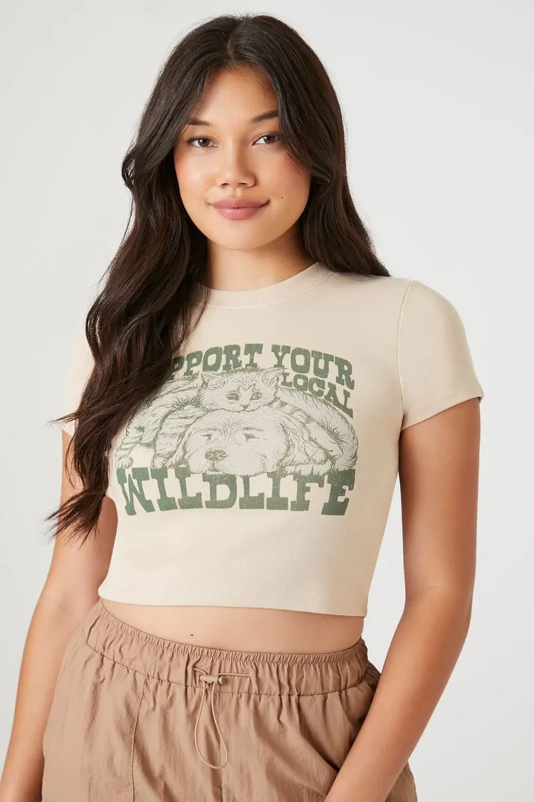 Forever 21 Women's Local Wildlife Graphic Baby T-Shirt Tan/Multi Forever 21