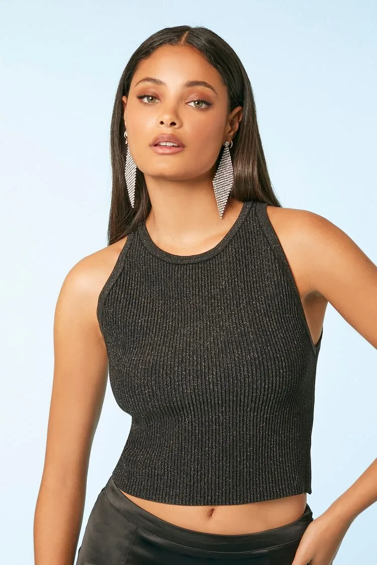 Forever 21 Women's Metallic Knit Cropped Tank Top Black/Multi Forever 21