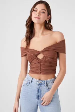 Forever 21 Women's Off-the-Shoulder Shirred Crop Top Brown Forever 21