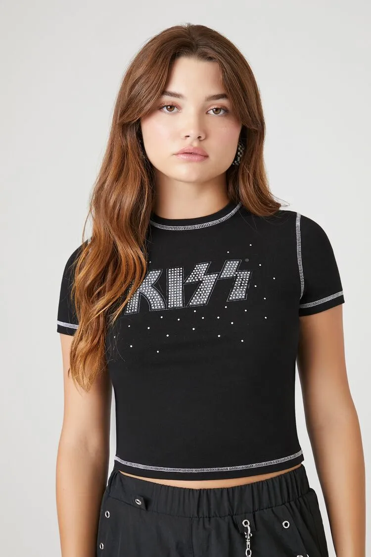Forever 21 Women's Rhinestone KISS Graphic Cropped T-Shirt Black/Multi Forever 21