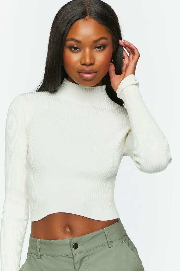 Forever 21 Women's Ribbed Mock Neck Sweater-Knit Crop Top Vanilla Forever 21