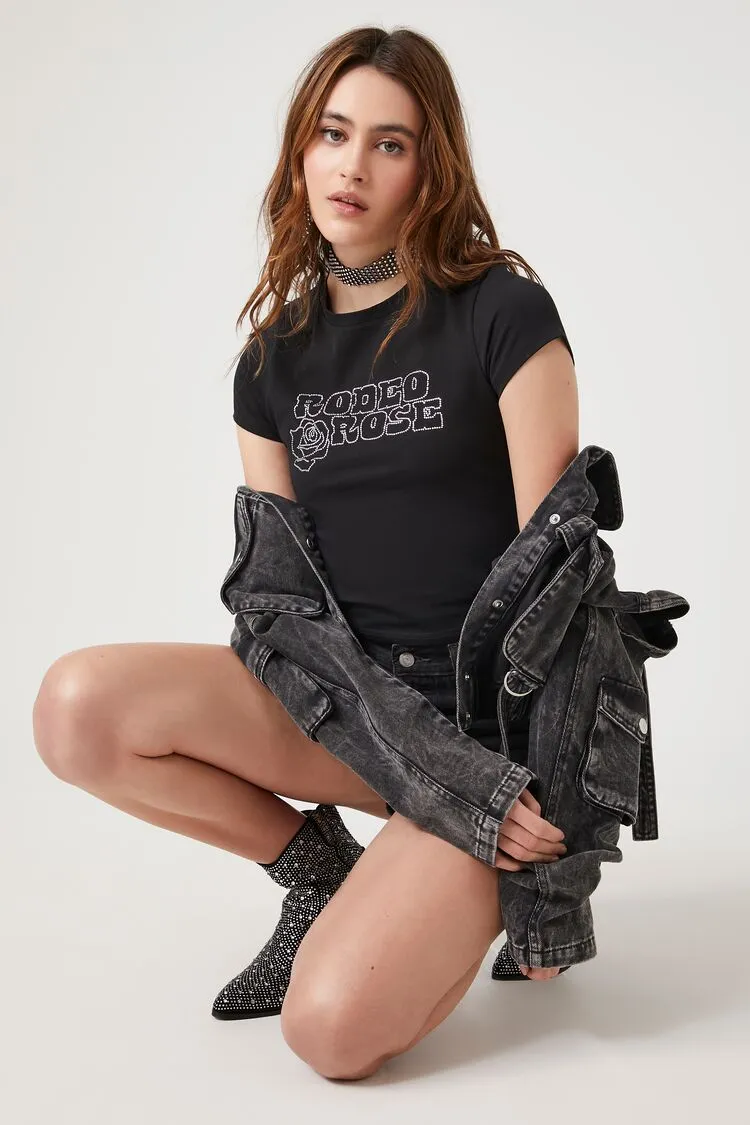 Forever 21 Women's Rodeo Rose Chain Cutout Baby T-Shirt Black/Silver Forever 21