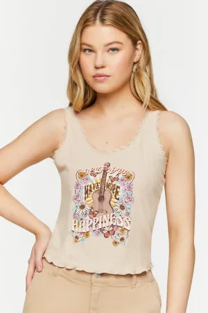 Forever 21 Women's Self Love Graphic Lace-Trim Tank Top Light Brown Forever 21