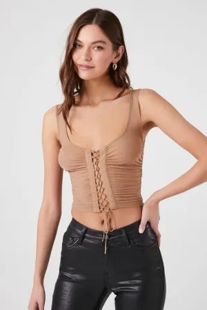 Forever 21 Women's Sheer Lace-Up Cropped Tank Top Brown Forever 21