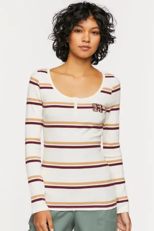 Forever 21 Women's Striped 93 Patch Henley Baby T-Shirt Cream/Multi Forever 21