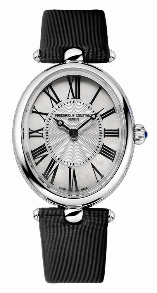 Frederique Constant Classics Art Deco Stainless Steel Oval Case Mother-of-Pearl Dial Black Satin Strap Quartz Womens Watch FC-200MPW2V6 Women??s luxury watches Affordable women watches