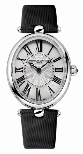 Frederique Constant Classics Art Deco Stainless Steel Oval Case Mother-of-Pearl Dial Black Satin Strap Quartz Womens Watch FC-200MPW2V6 Women??s luxury watches Affordable women watches