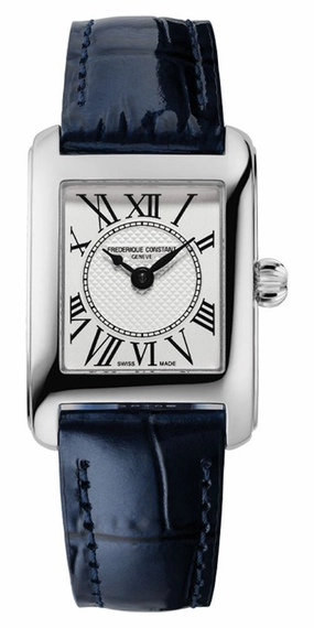 Frederique Constant Classics Carree Stainless Steel Rectangle Case Blue Leather Strap Silver Dial Quartz Womens Watch FC-200MC16 Women??s luxury watches Affordable women watches