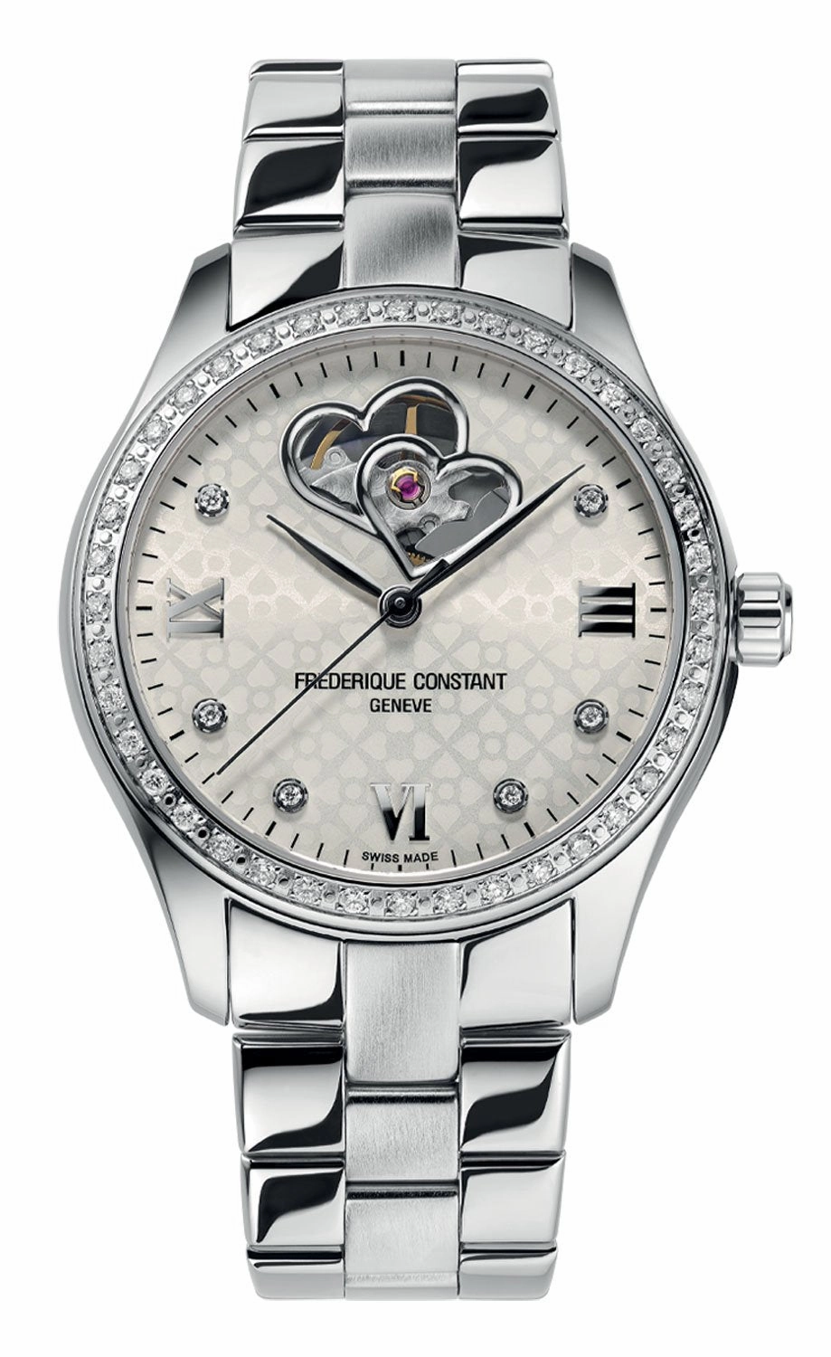 Frederique Constant Double Heart Beat Automatic Stainless Steel & Diamond Silver Sunray Heart Dial Womens Watch FC-310WDHB3BD6B Women??s luxury watches Affordable women watches