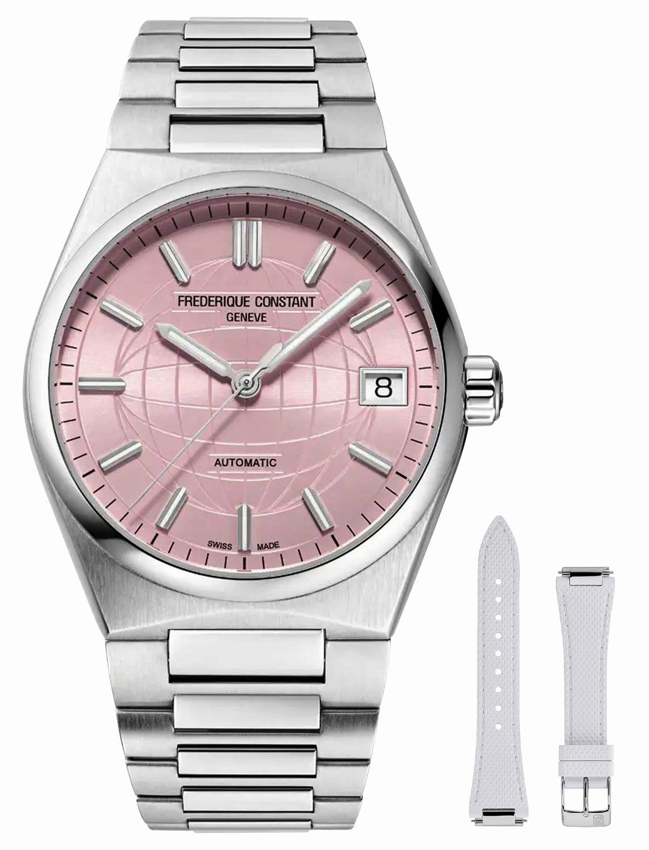 Frederique Constant Highlife Automatic Stainless Steel Pink Dial Interchangeable White Rubber Strap Date Womens Watch FC-303LP2NH6B Women??s luxury watches Affordable women watches