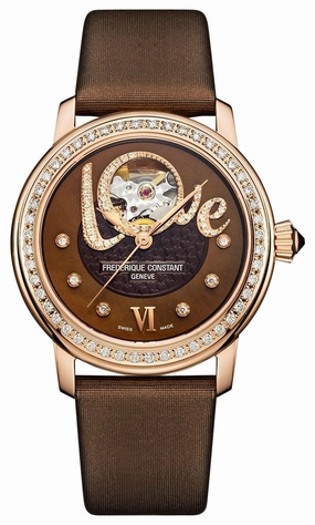 Frederique Constant Love Heart Beat Automatic Rose Gold Plated Steel Brown Dial Brown Satin Strap Diamonds Womens Watch FC-310CLHB2PD4 Women??s luxury watches Affordable women watches