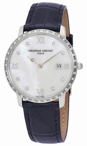 Frederique Constant Slimline Stainless Steel Mother-of-Pearl Dial Blue Leather Strap Diamonds Date Quartz Womens Watch FC-220MPWD3SD6 Women??s luxury watches Affordable women watches