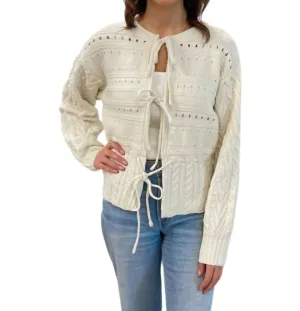 Front Tie Open Knit Cardigan In Cream