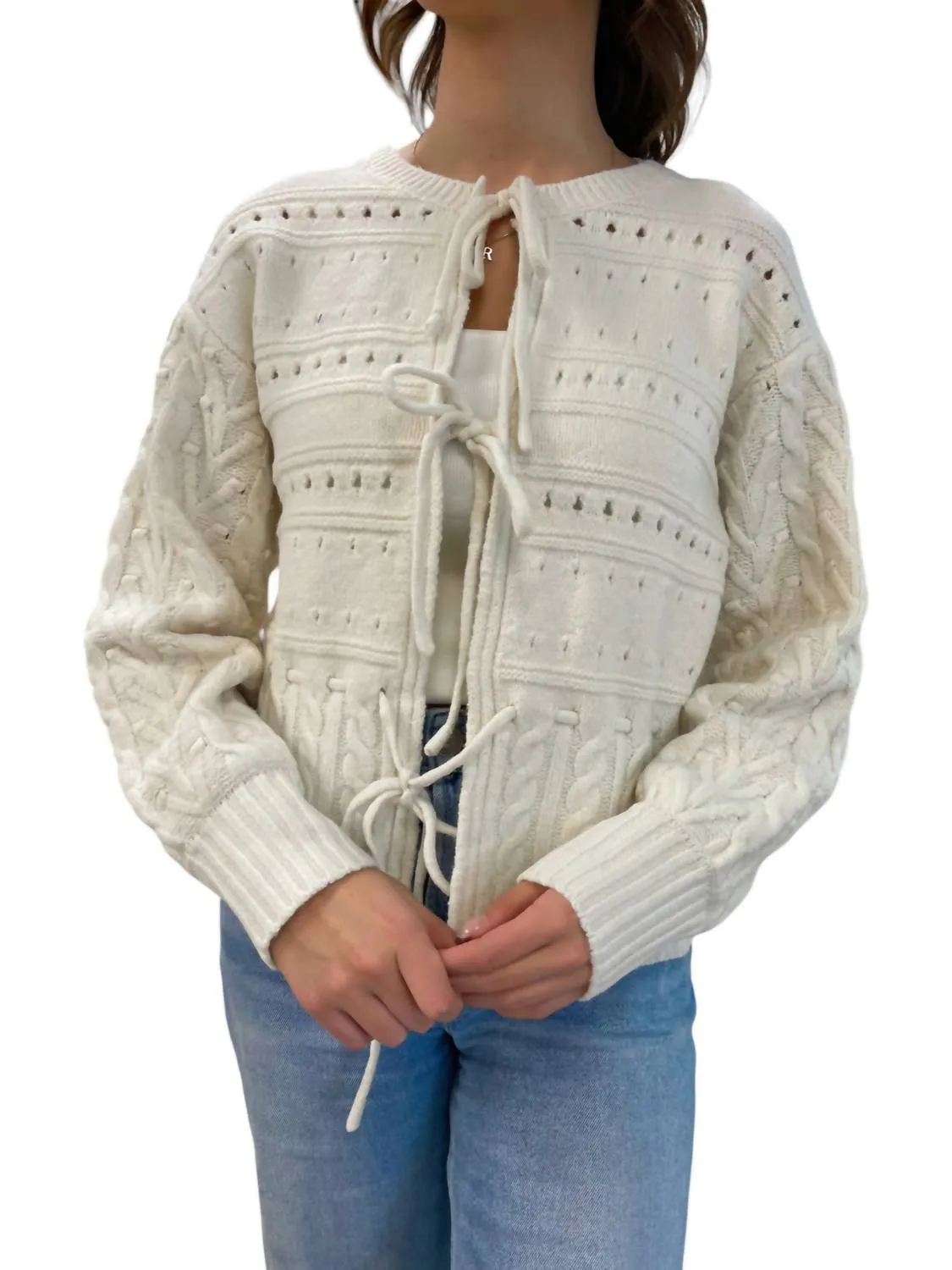 Front Tie Open Knit Cardigan In Cream