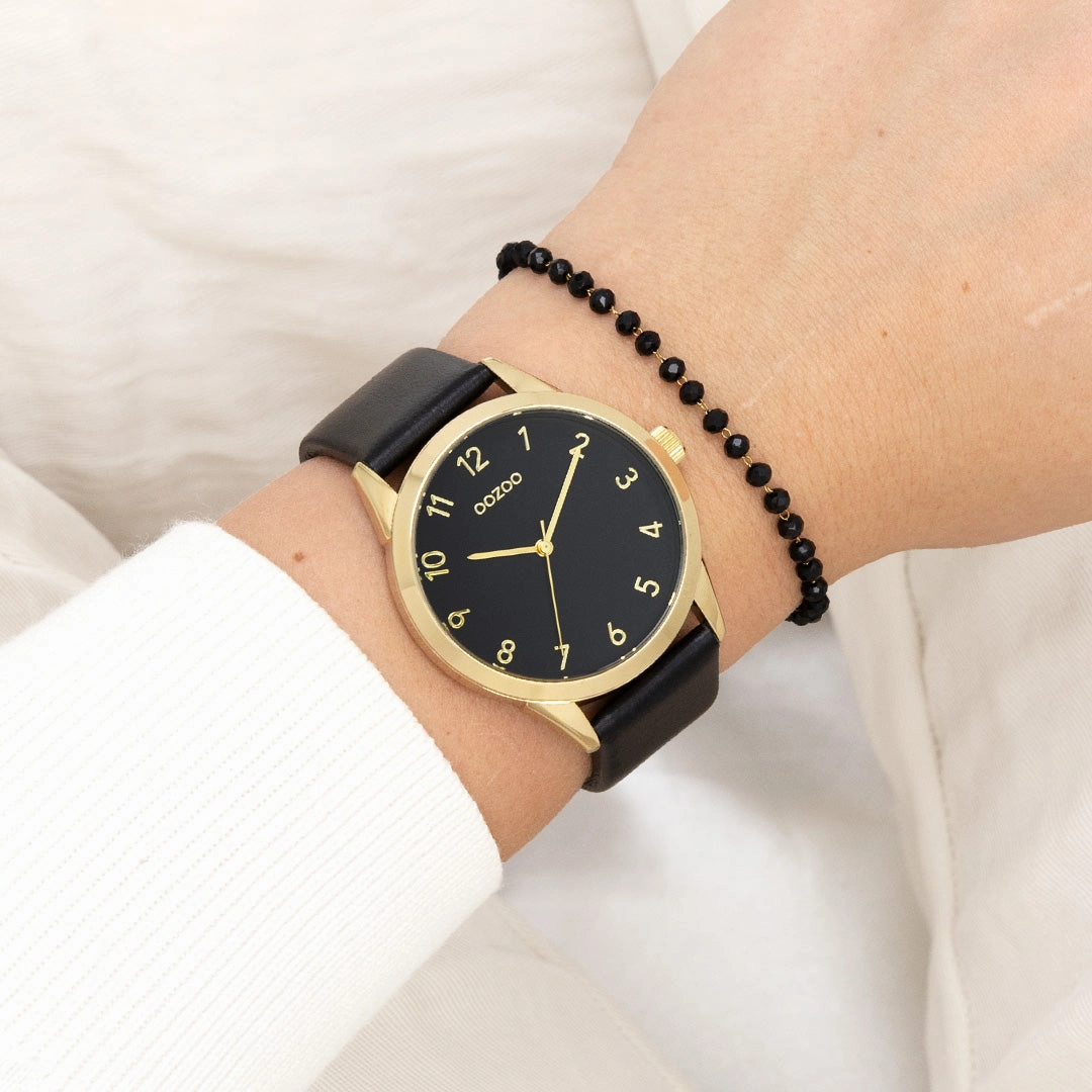 Gold coloured OOZOO watch with black leather strap - C11329