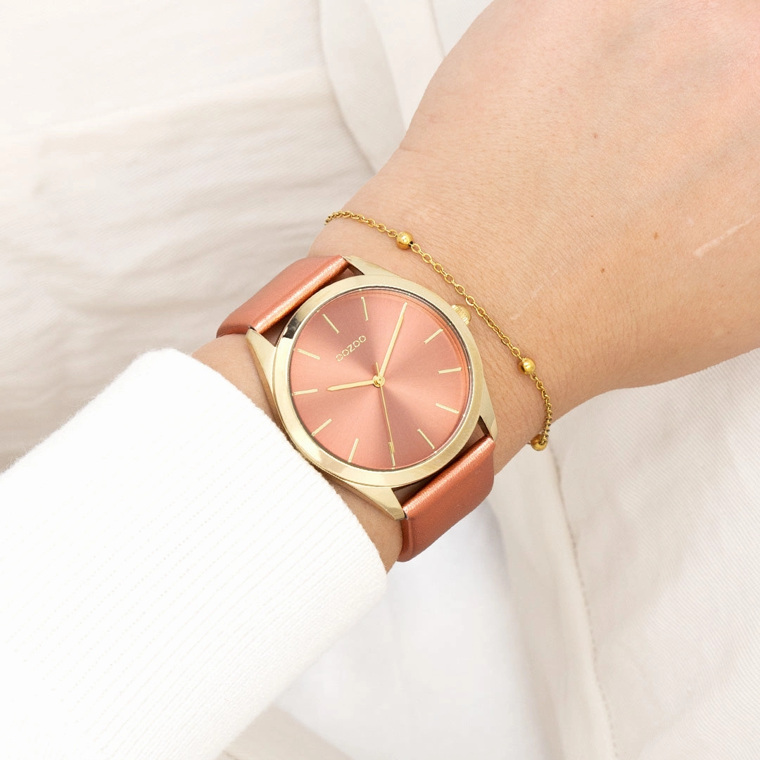 Gold coloured OOZOO watch with brick red leather strap - C11334