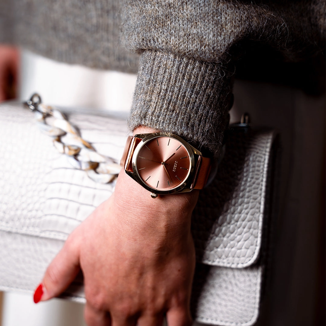 Gold coloured OOZOO watch with brick red leather strap - C11334