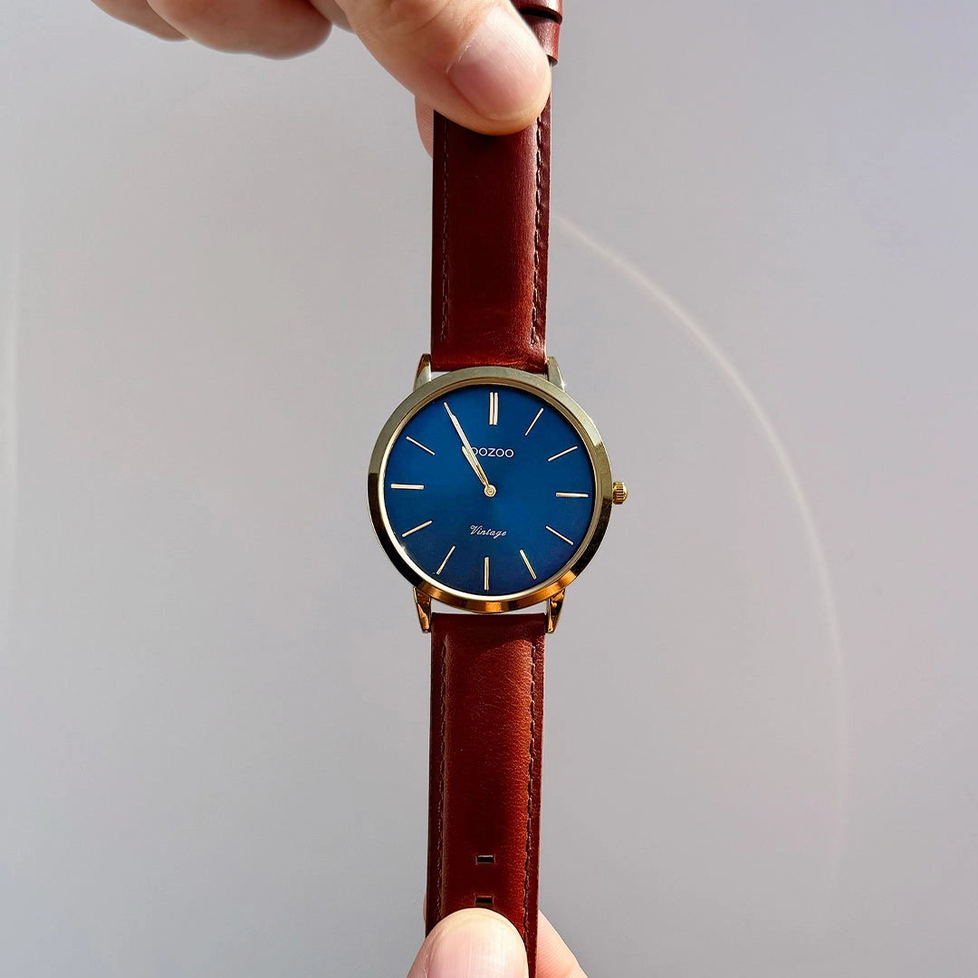 Gold coloured OOZOO watch with brown leather strap - C20388