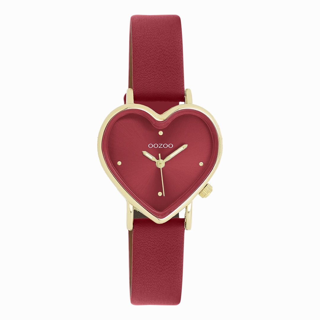 Gold coloured OOZOO watch with burgundy leather strap - C11454