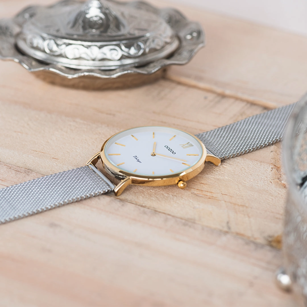 Gold coloured OOZOO watch with silver coloured metal mesh bracelet - C20121