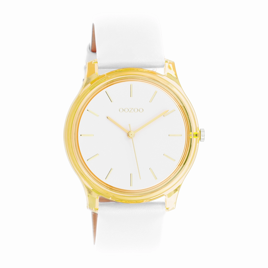 Gold coloured OOZOO watch with white leather strap - C11136,seiko watches,couple watches,watches designer,watches discount,women watches,best women watches,high end women's watches,high quality women's watches