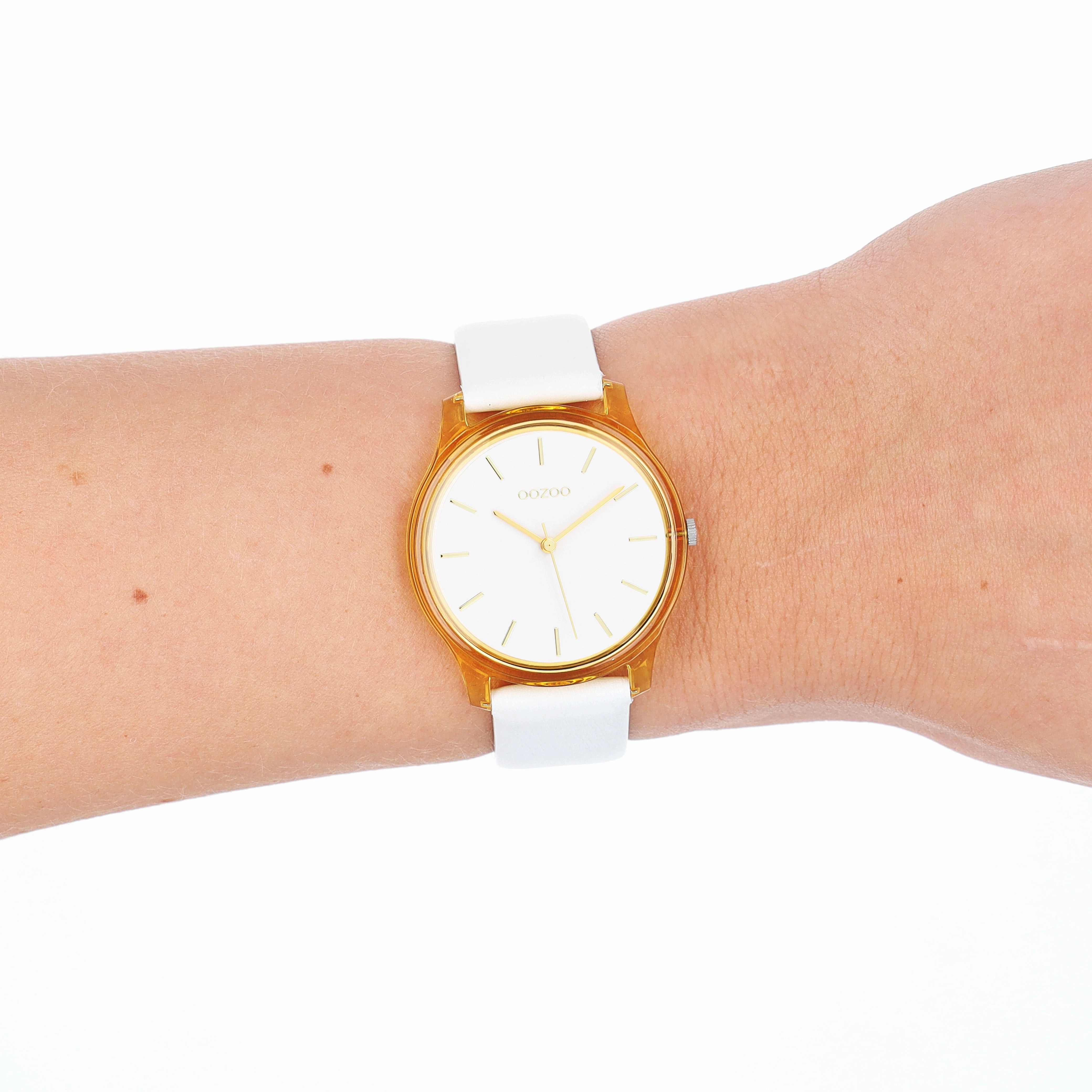 Gold coloured OOZOO watch with white leather strap - C11136