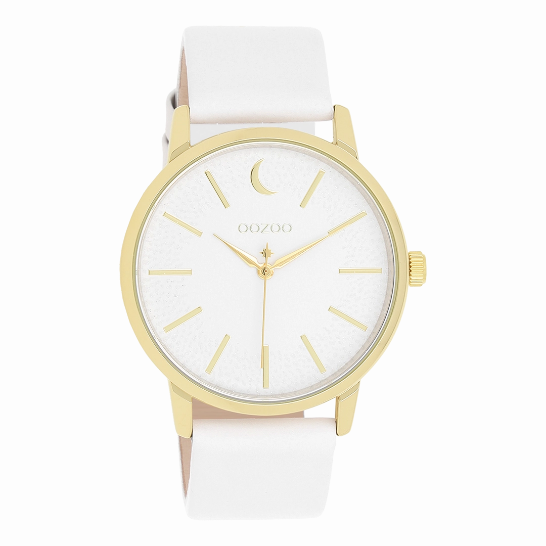 Gold coloured OOZOO watch with white leather strap - C11156,seiko watches,couple watches,watches designer,watches discount,women watches,best women watches,high end women's watches,high quality women's watches