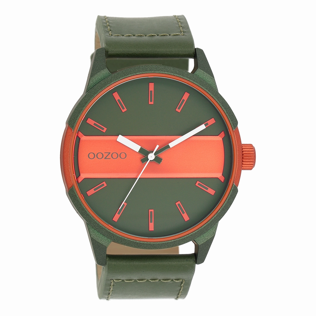 Green/fluo orange OOZOO watch with green leather strap - C11318,seiko watches,mens watches,couple watches,watches designer,watches discount,best watches for men