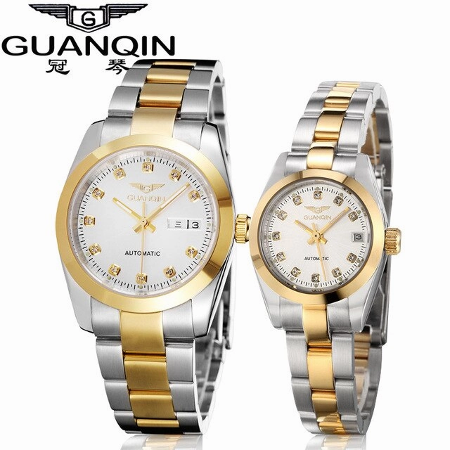 GUANQIN Gold Couple Watch Men Women Mechanical Watch Luminous Calendar Week Waterproof Rhinestones Automatic Lovers Watches
