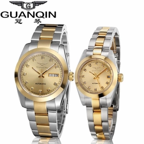 GUANQIN Gold Couple Watch Men Women Mechanical Watch Luminous Calendar Week Waterproof Rhinestones Automatic Lovers Watches,seiko watches,mens watches,couple watches,watches designer,watches discount,watches for women,cople watchescouple watches luxury,cou