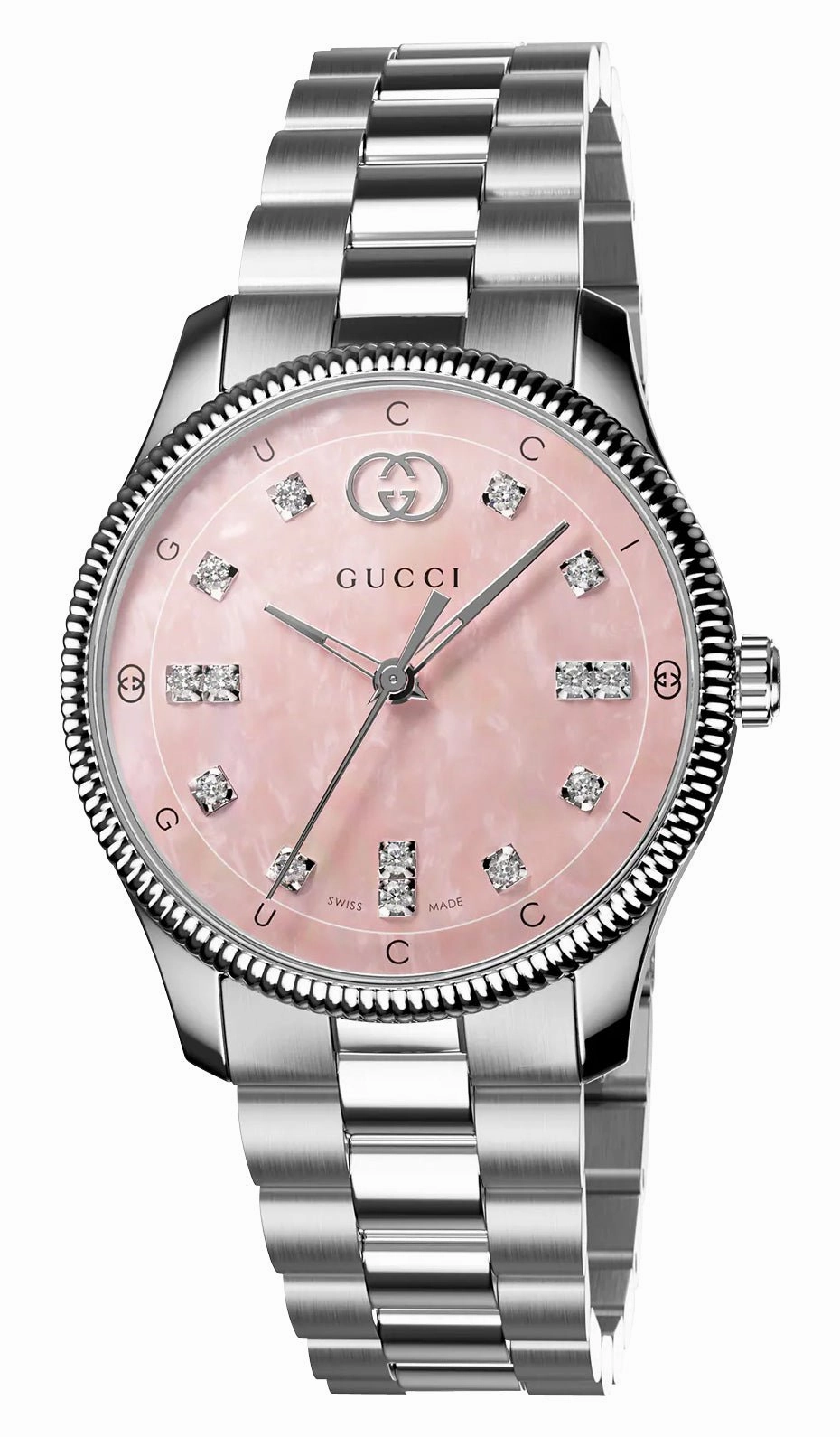 Gucci G-Timeless Stainless Steel Pink Mother-of-Pearl Dial Diamonds Quartz Womens Watch YA1265062 Women??s luxury watches Affordable women watches