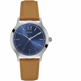 Guess Men's Watch - Exchange Quartz SS Case Blue Dial Brown Leather Strap | W0922G8 