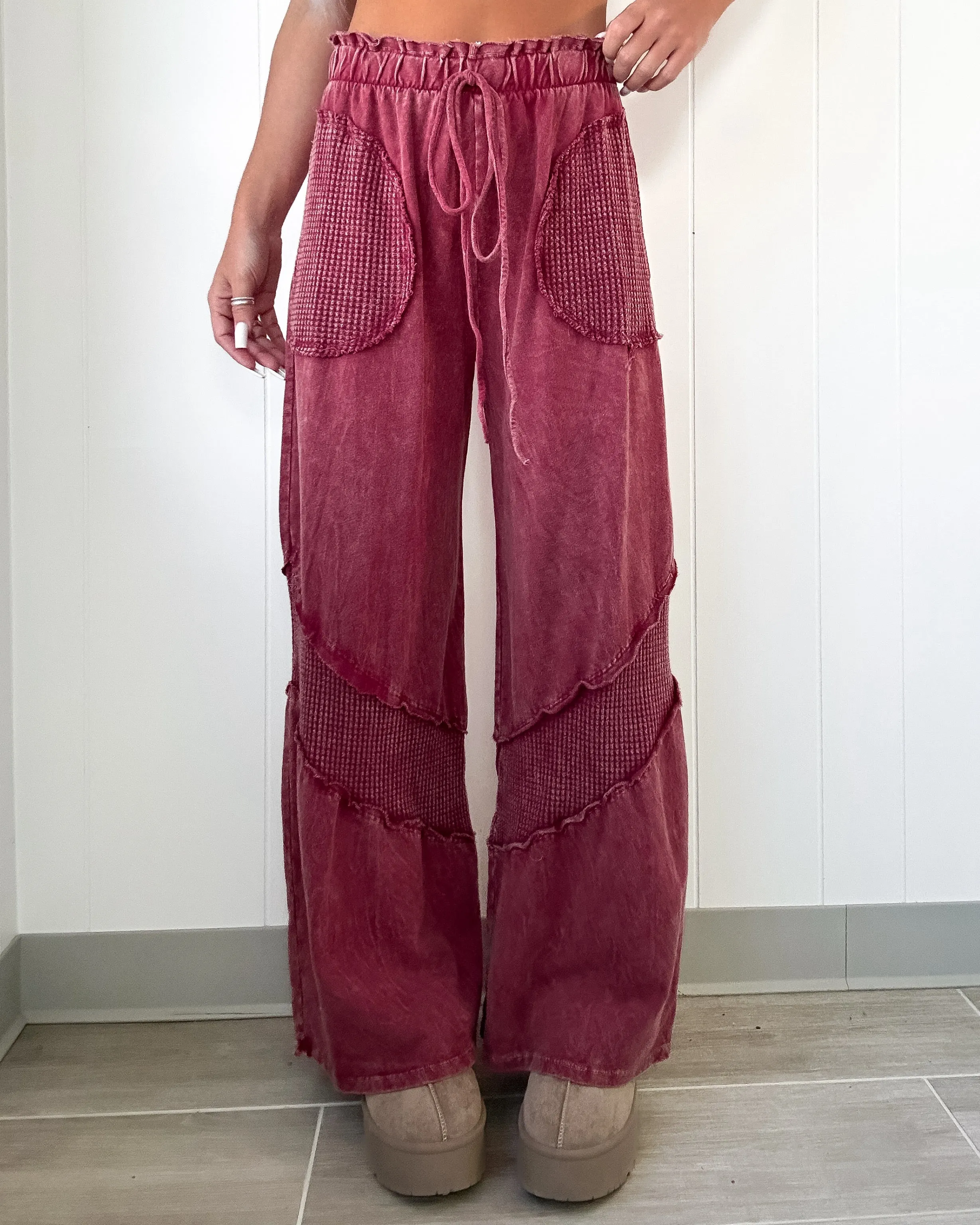 Have Some Fun Knit Detail Wide Leg Pant - Burgundy