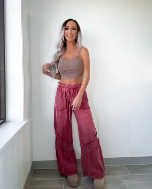 Have Some Fun Knit Detail Wide Leg Pant - Burgundy