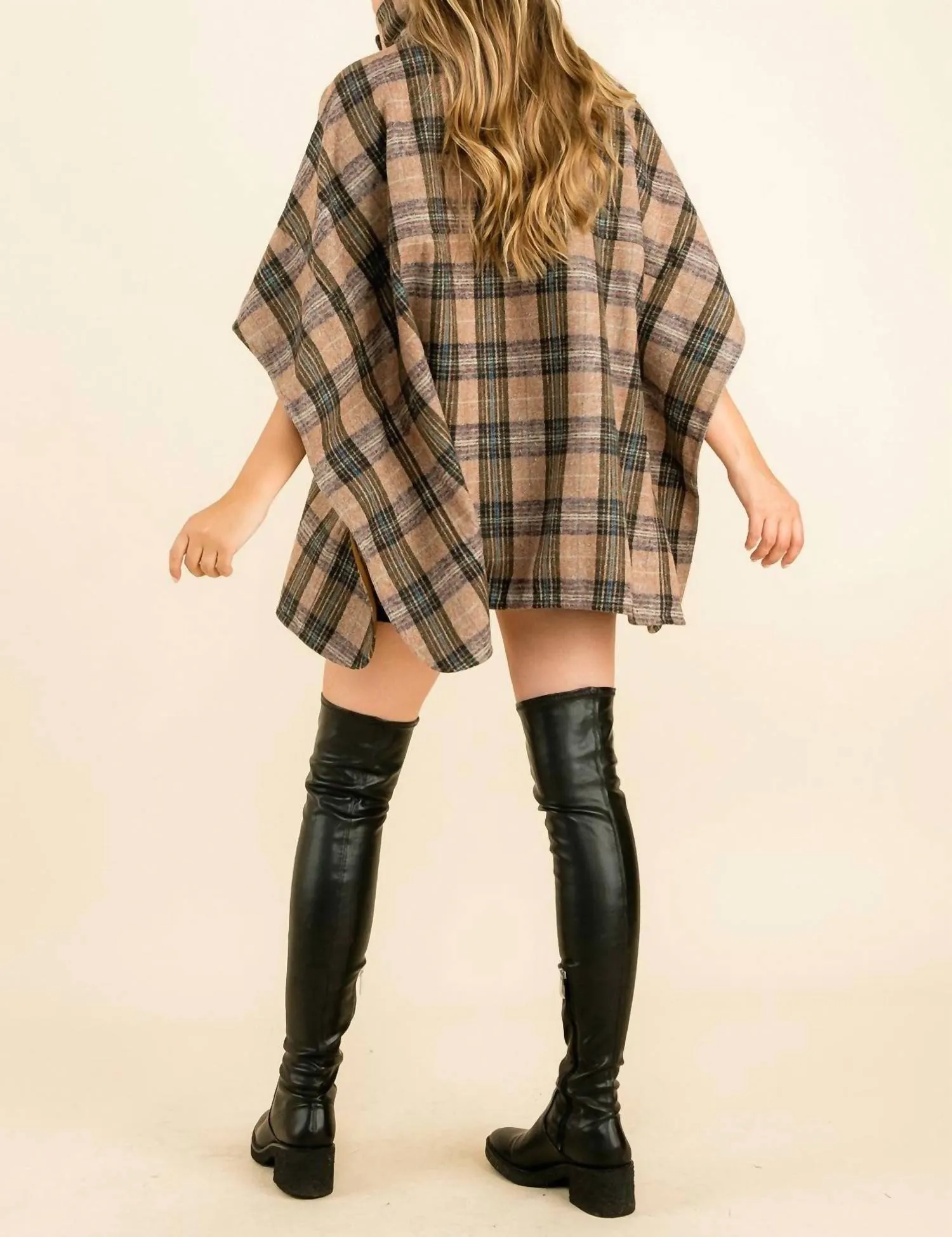 High Neck Plaid Poncho In Brown
