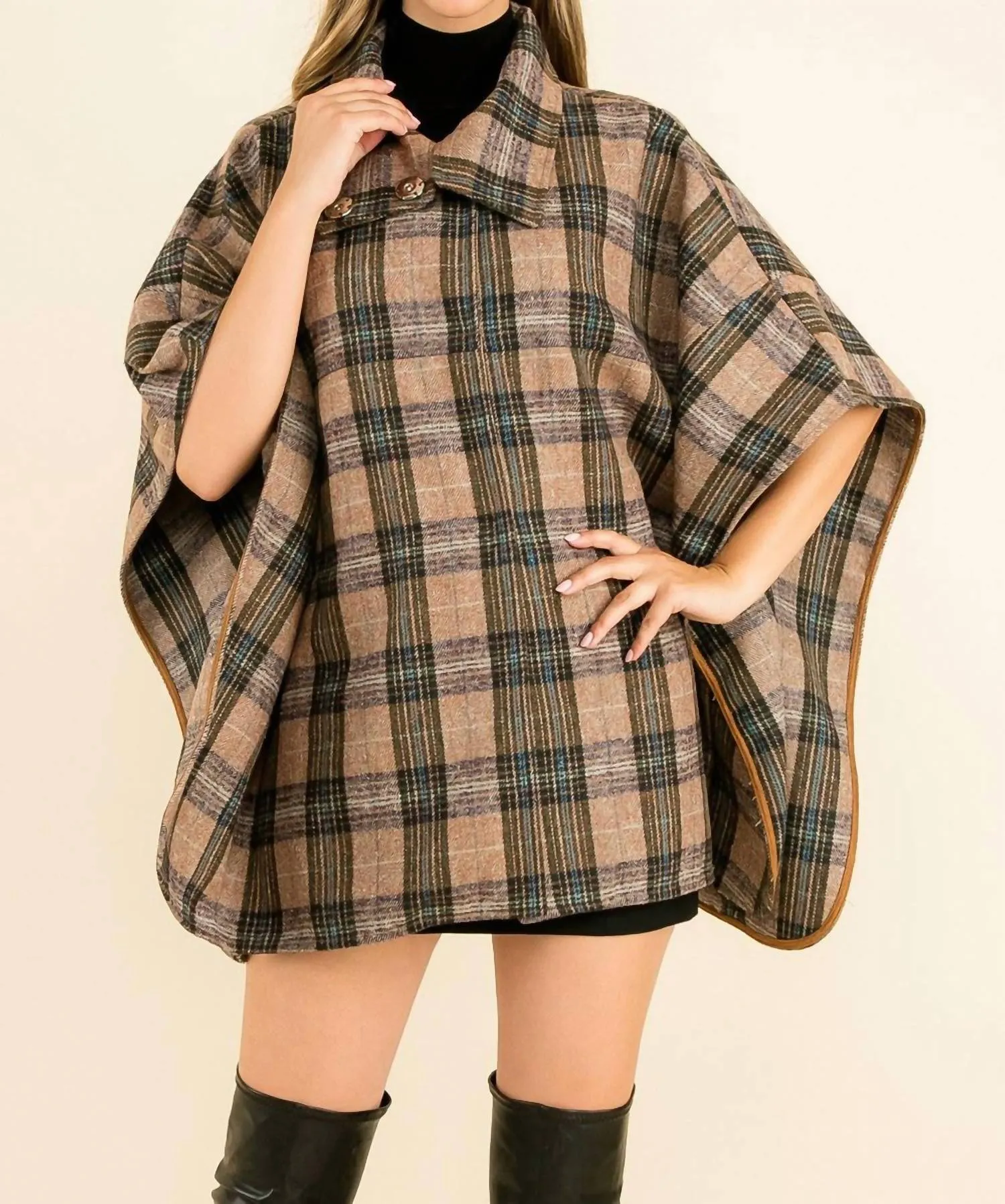 High Neck Plaid Poncho In Brown