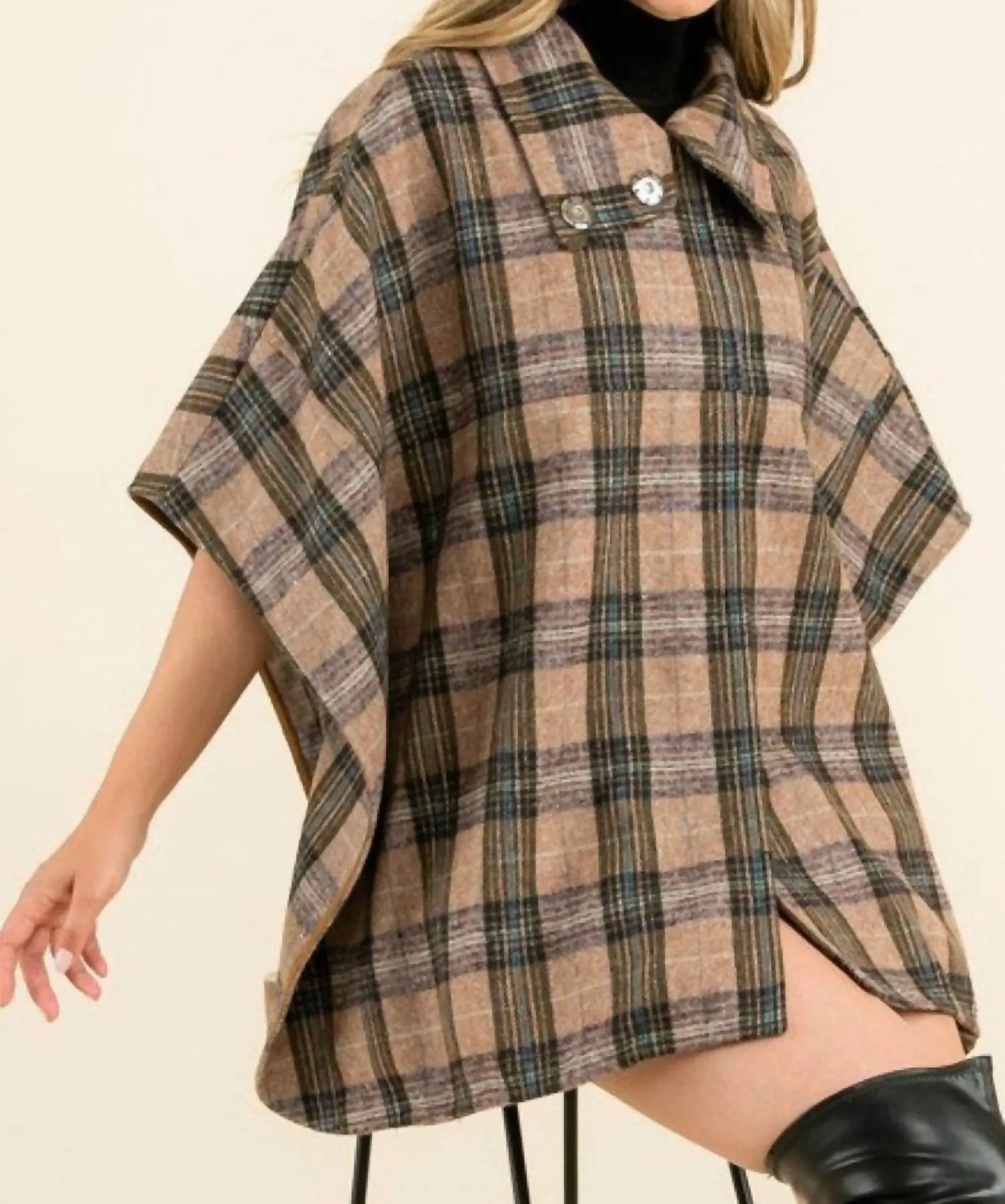 High Neck Plaid Poncho In Brown