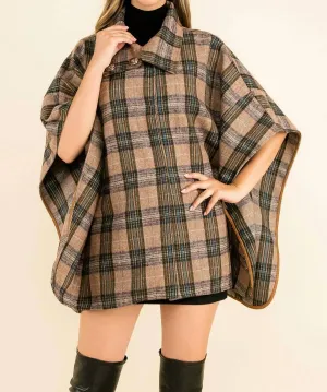 High Neck Plaid Poncho In Brown