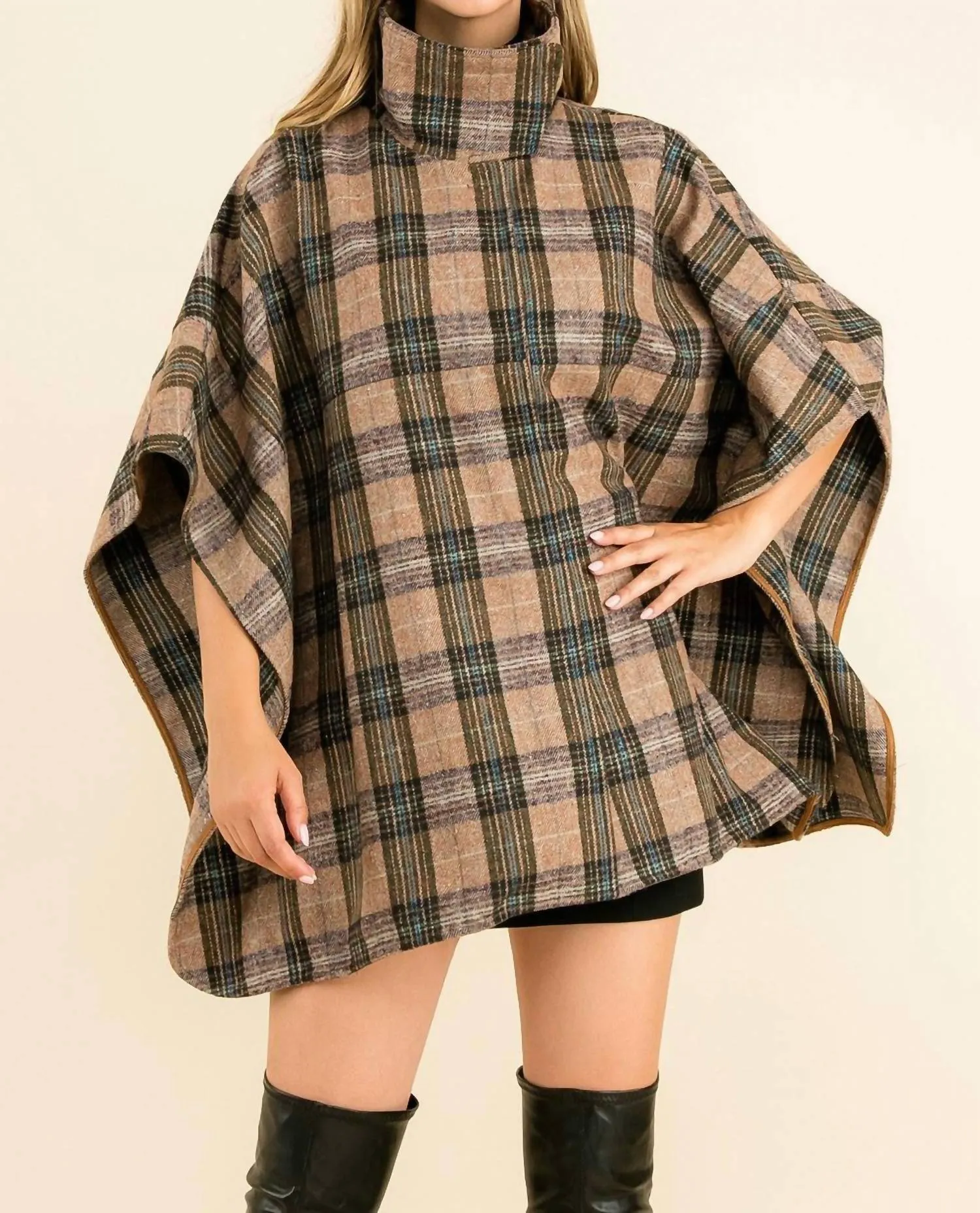 High Neck Plaid Poncho In Brown